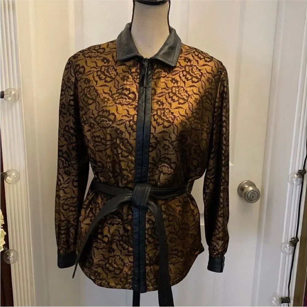All genuine leather lace print gold/black belted jacket, M